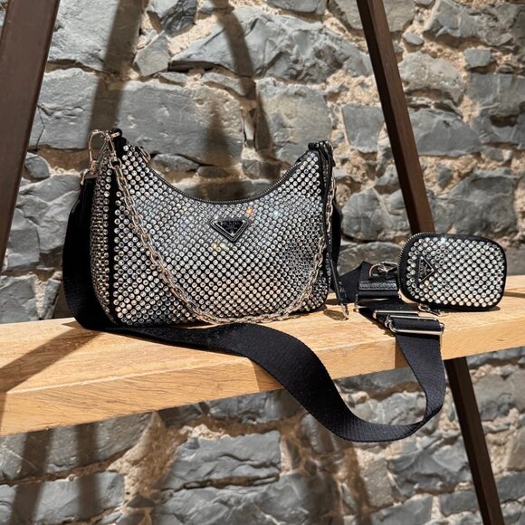 Prada Re-Edition 2005 Crystal Embellished Satin Shoulder Bag W/ Pouch - Picture 2 of 16